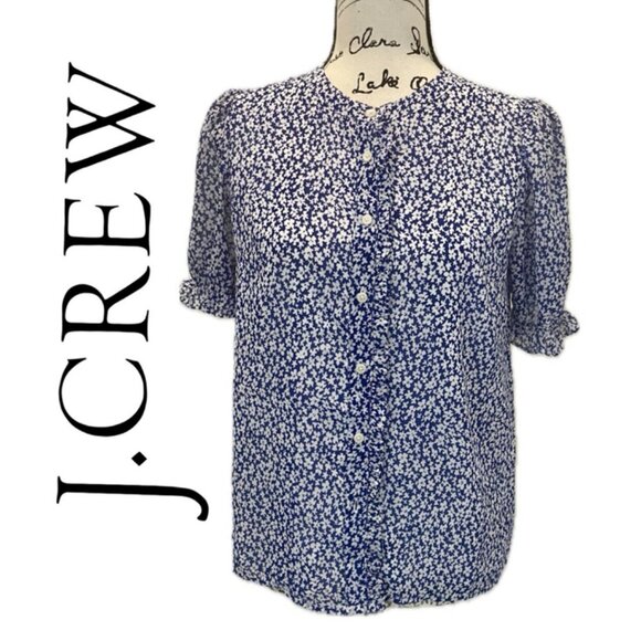 J.CREW BLOUSE SHORT SLEEVE SZ XS BLUE FLORAL COTTAGECORE PREPPY CHIC  RUFFLE - Picture 1 of 16